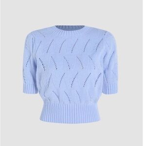 NWT Cider Solid Hollow Out Crop Middle Sleeve Knit Top Blue Women's Sweater - M